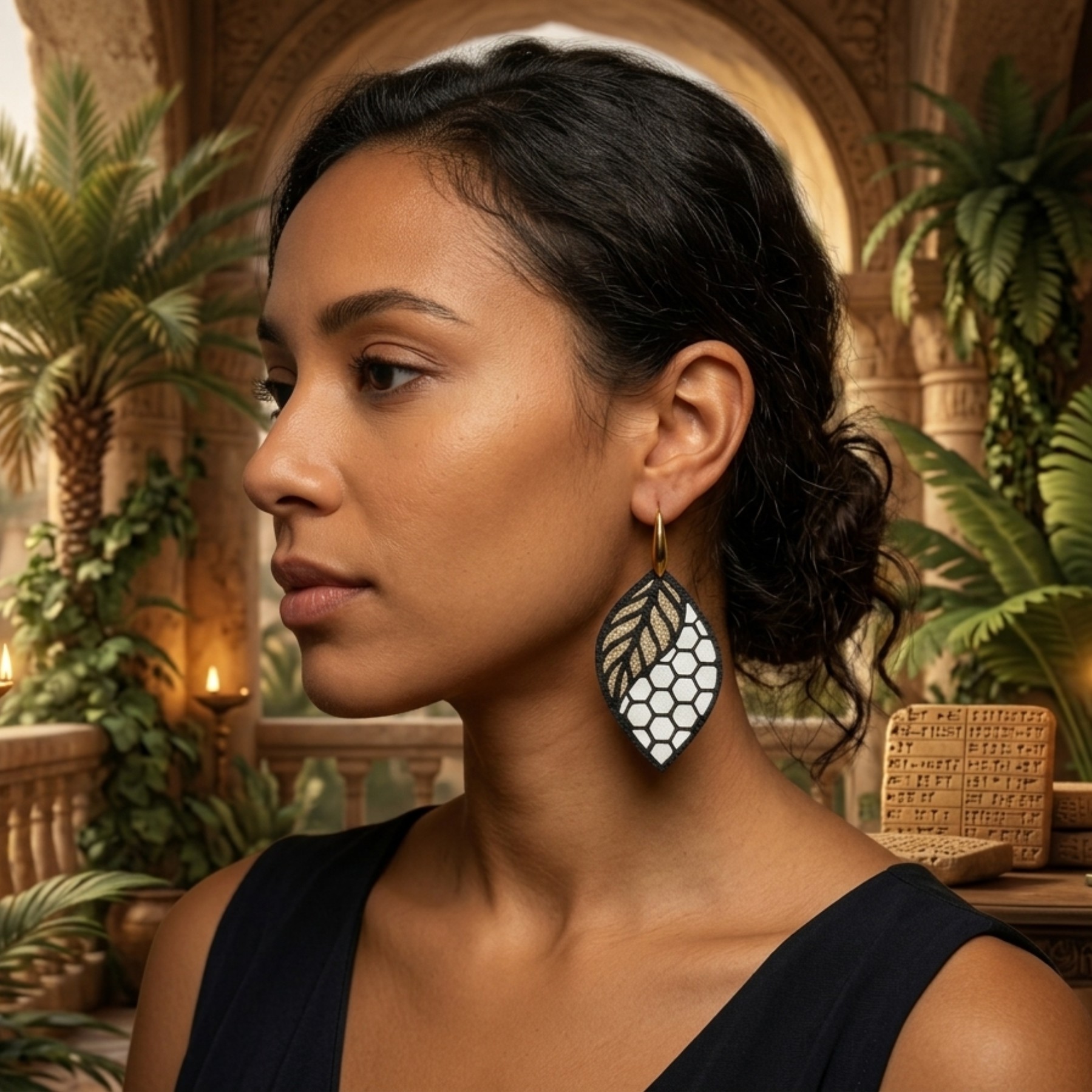 Boucles d'oreilles cuir feuille noir et or pailleté – Léontine – Image 3