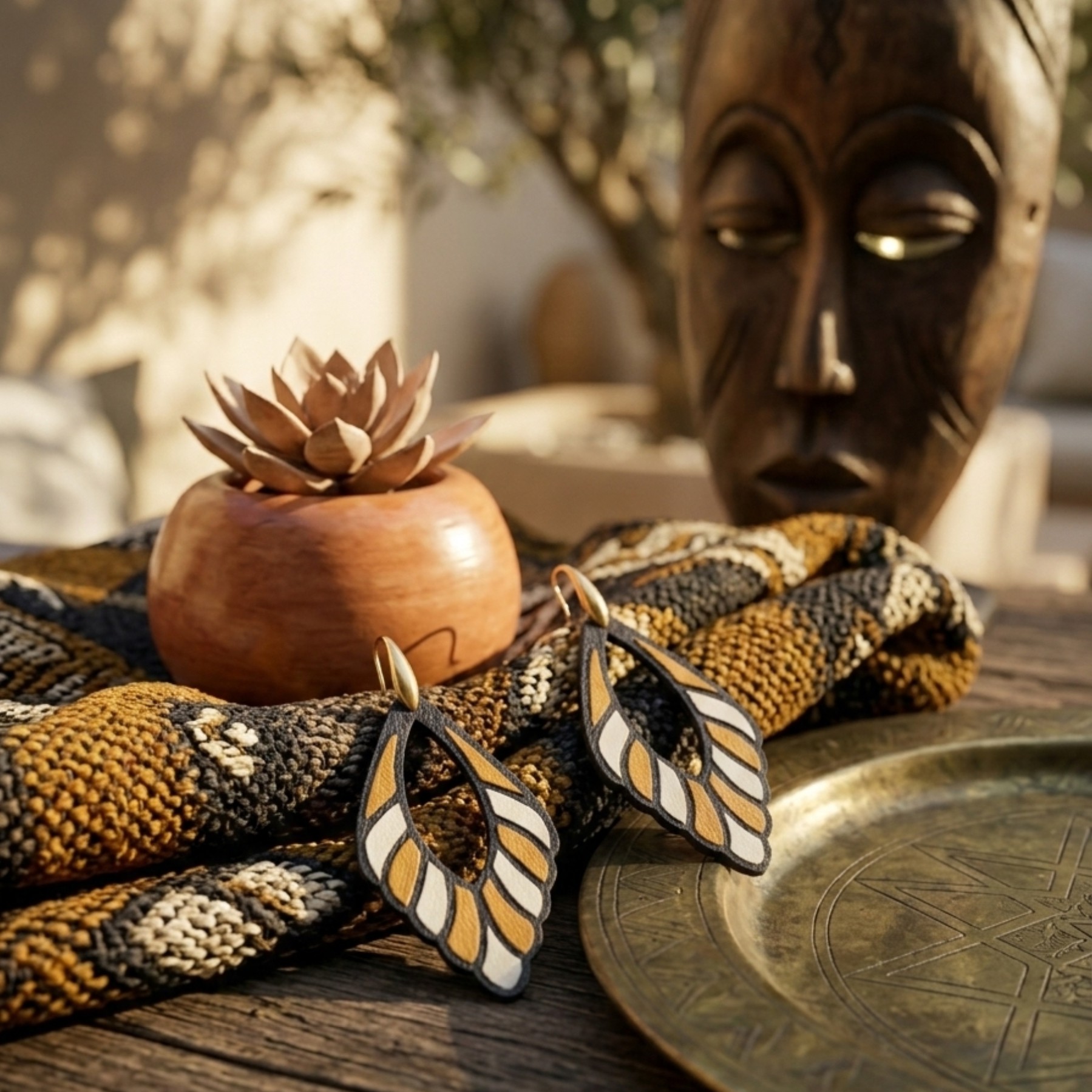 Sira Boucles d'oreilles cuir ocre et blanc nomade – Sira, Le Souffle du Sahel – Image 2