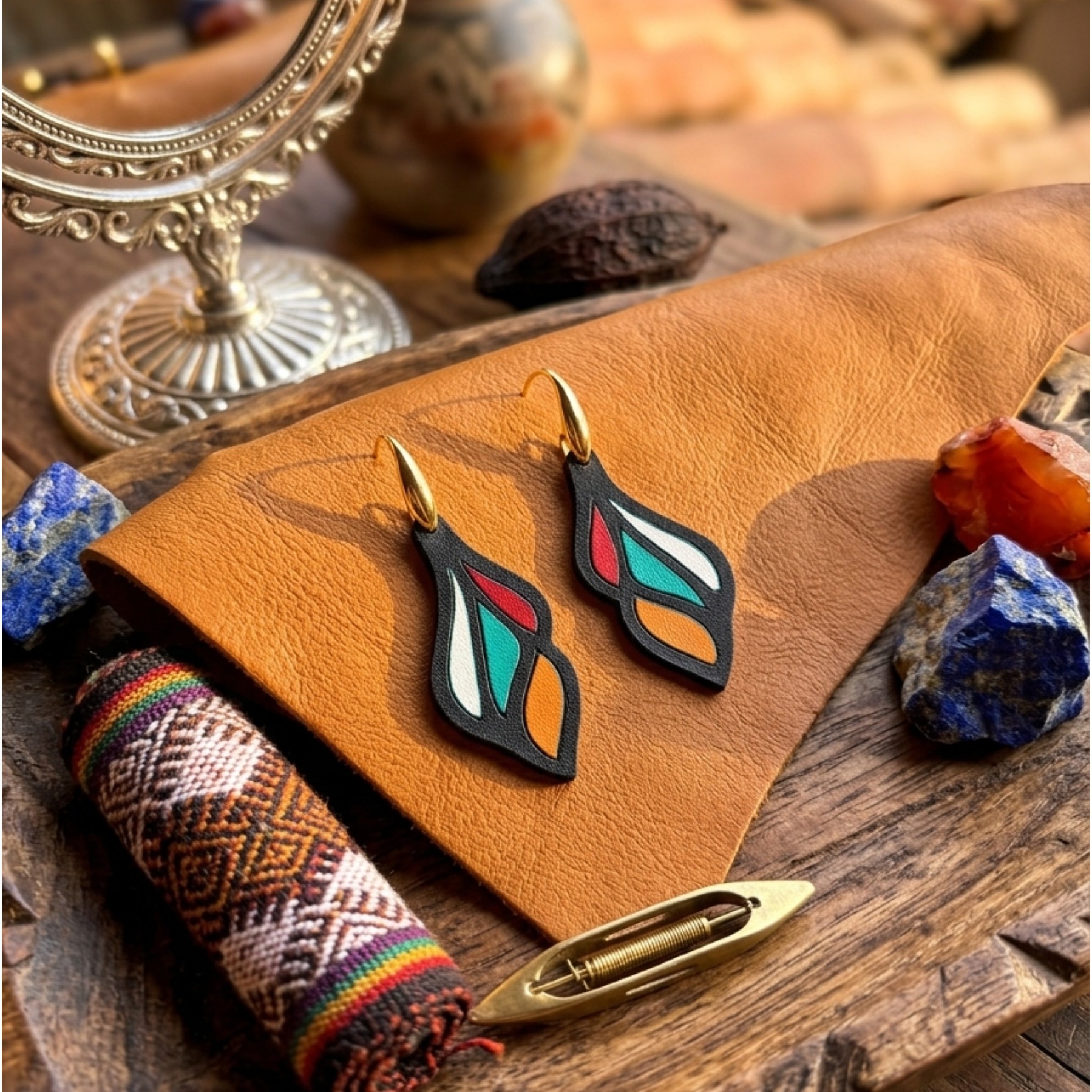 Boucles d'oreilles cuir graphiques multicolores Frida