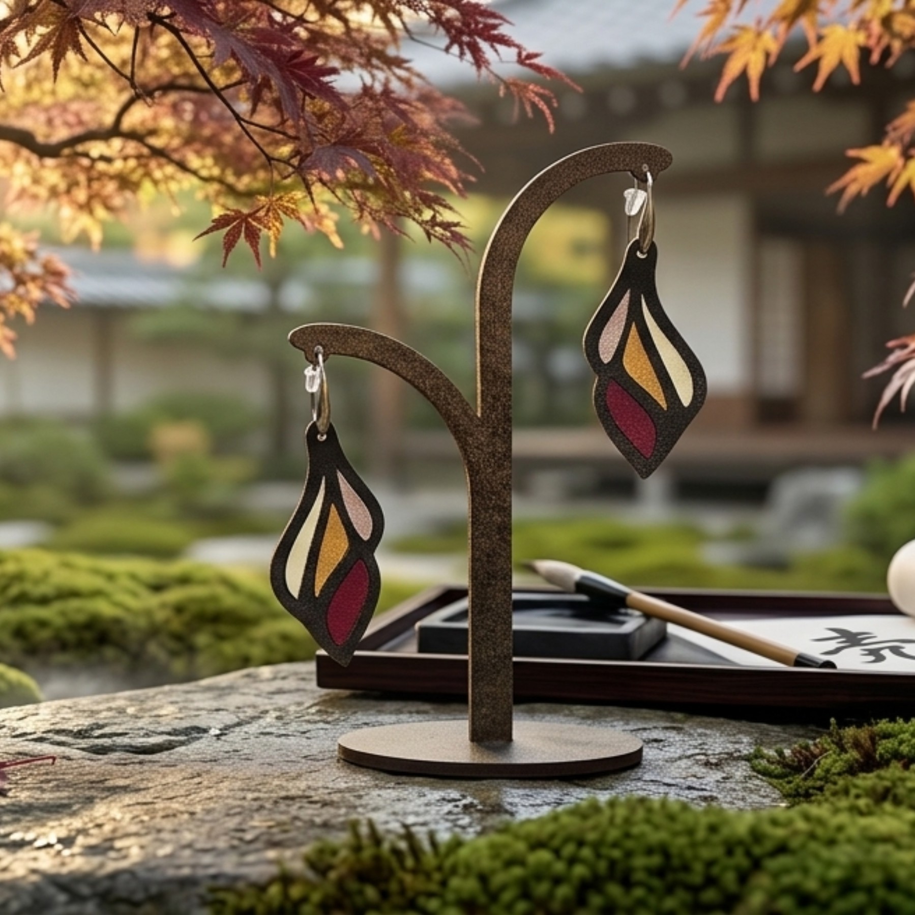 Boucles d'oreilles cuir bordeaux ivoire et or Kyomi