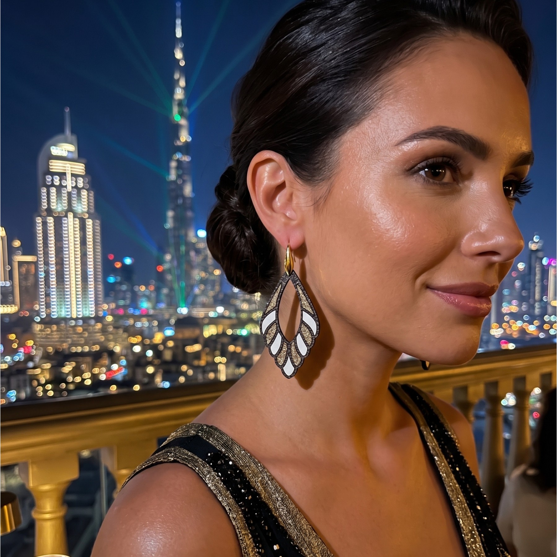 Boucles d'oreilles cuir noir et blanc et or Sidonie