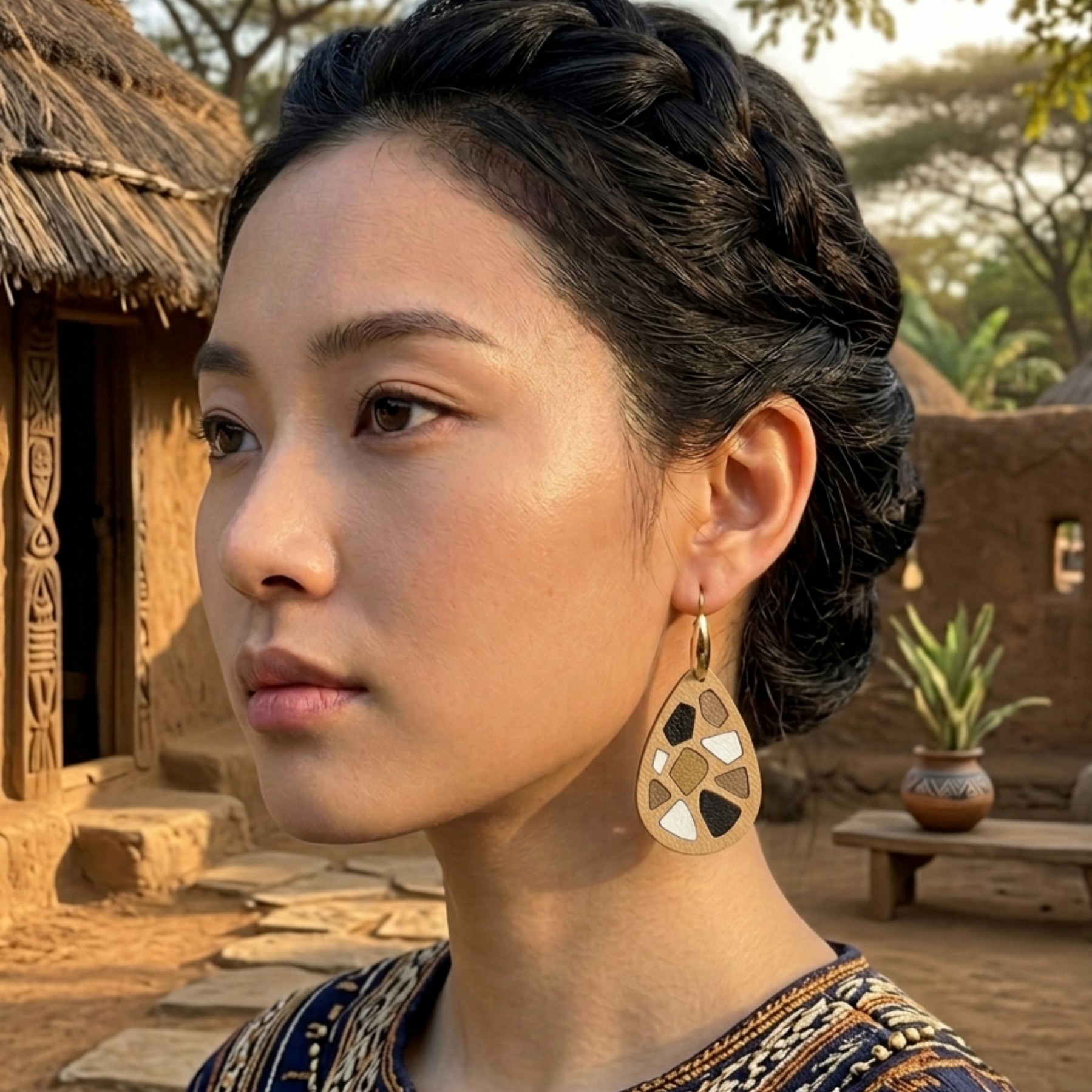 Boucles d'oreilles cuir ethnique goutte mosaïque sable et or – Zola, Mosaïque Sahélienne – Image 3