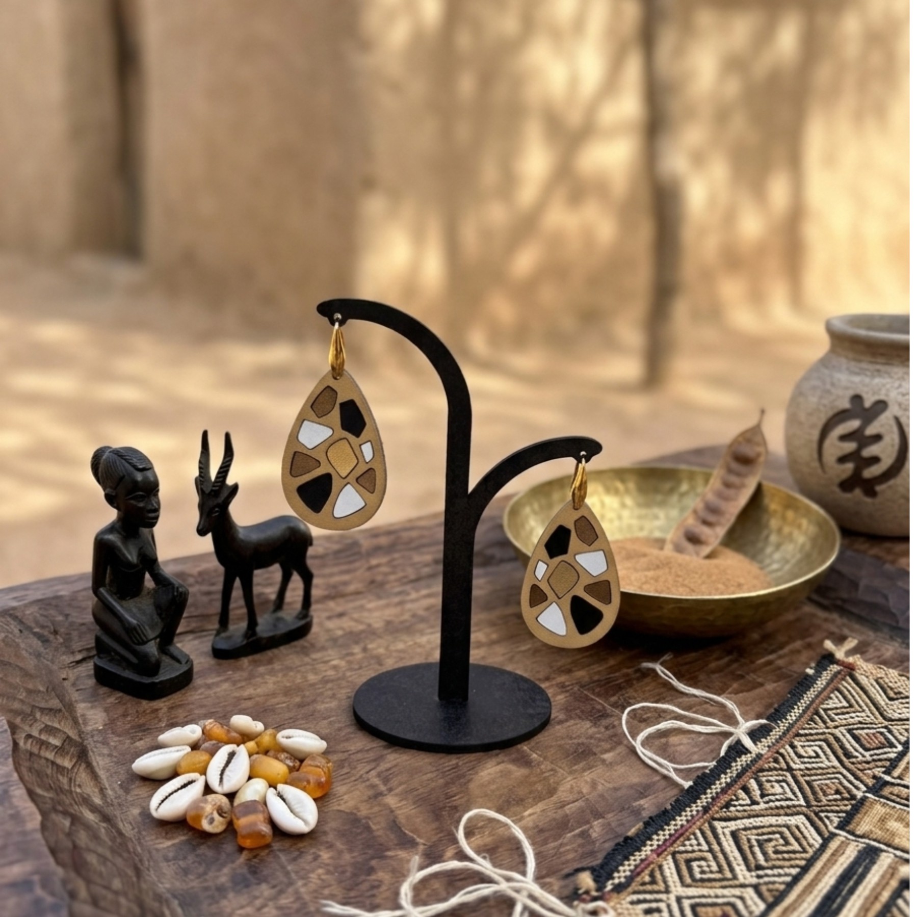 Boucles d'oreilles cuir ethnique goutte mosaïque sable et or – Zola, Mosaïque Sahélienne – Image 2