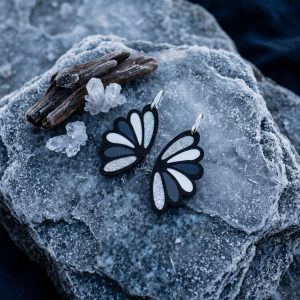 Boucles d'oreilles cuir noir et argent pailleté – Astrid