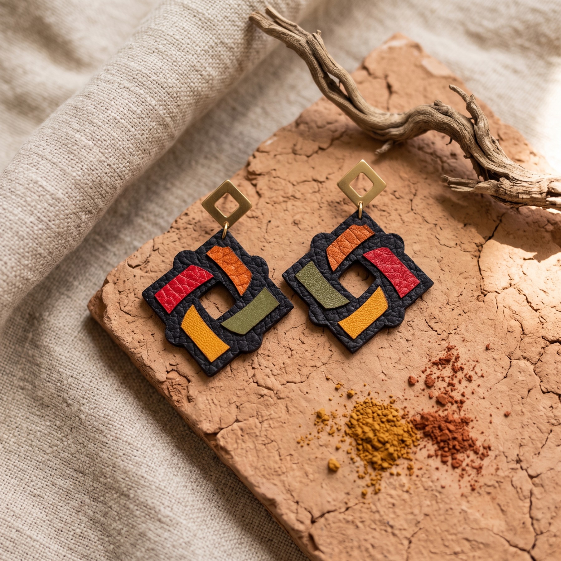 Boucles d'oreilles cuir géométriques carrées multicolores Samira