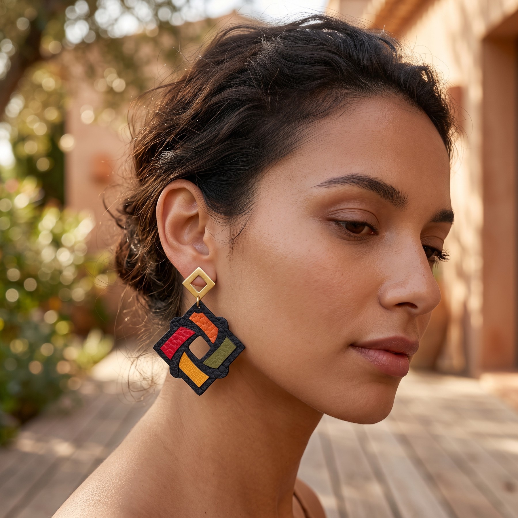 Boucles d'oreilles cuir géométriques mosaïque carrée – Samira – Image 3