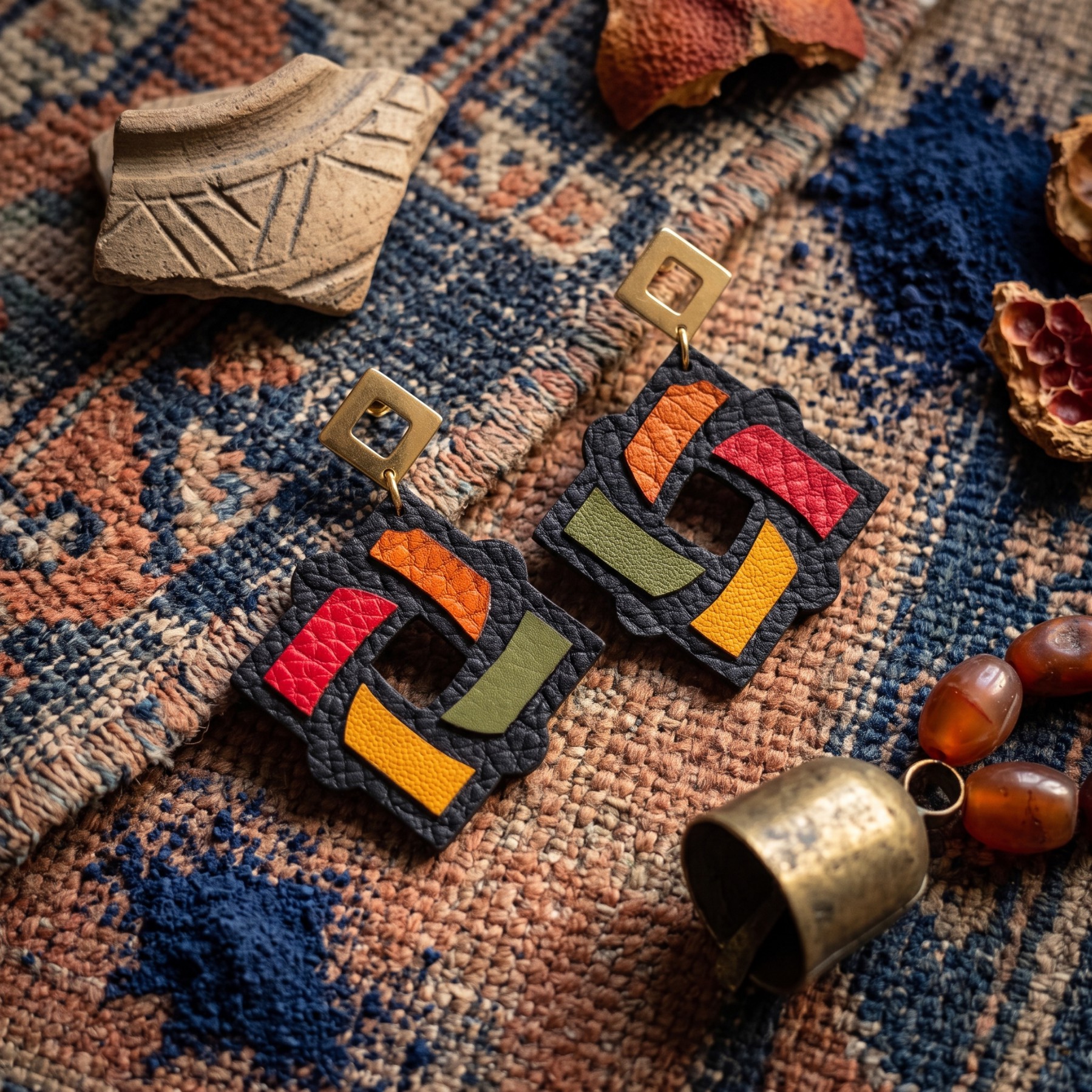 Boucles d'oreilles cuir géométriques mosaïque carrée – Samira – Image 4