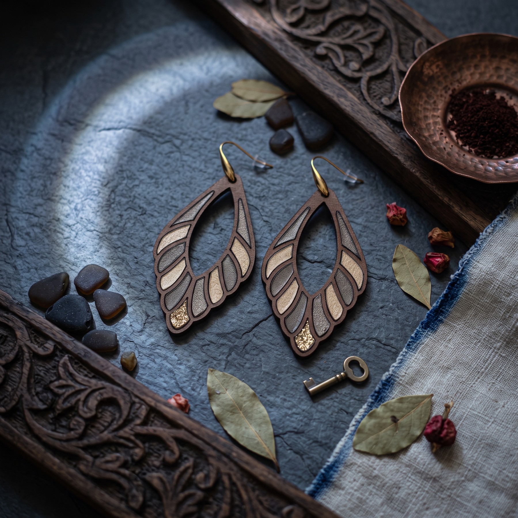 Boucles d'oreilles cuir cognac et reflets dorés – Aylin – Image 2